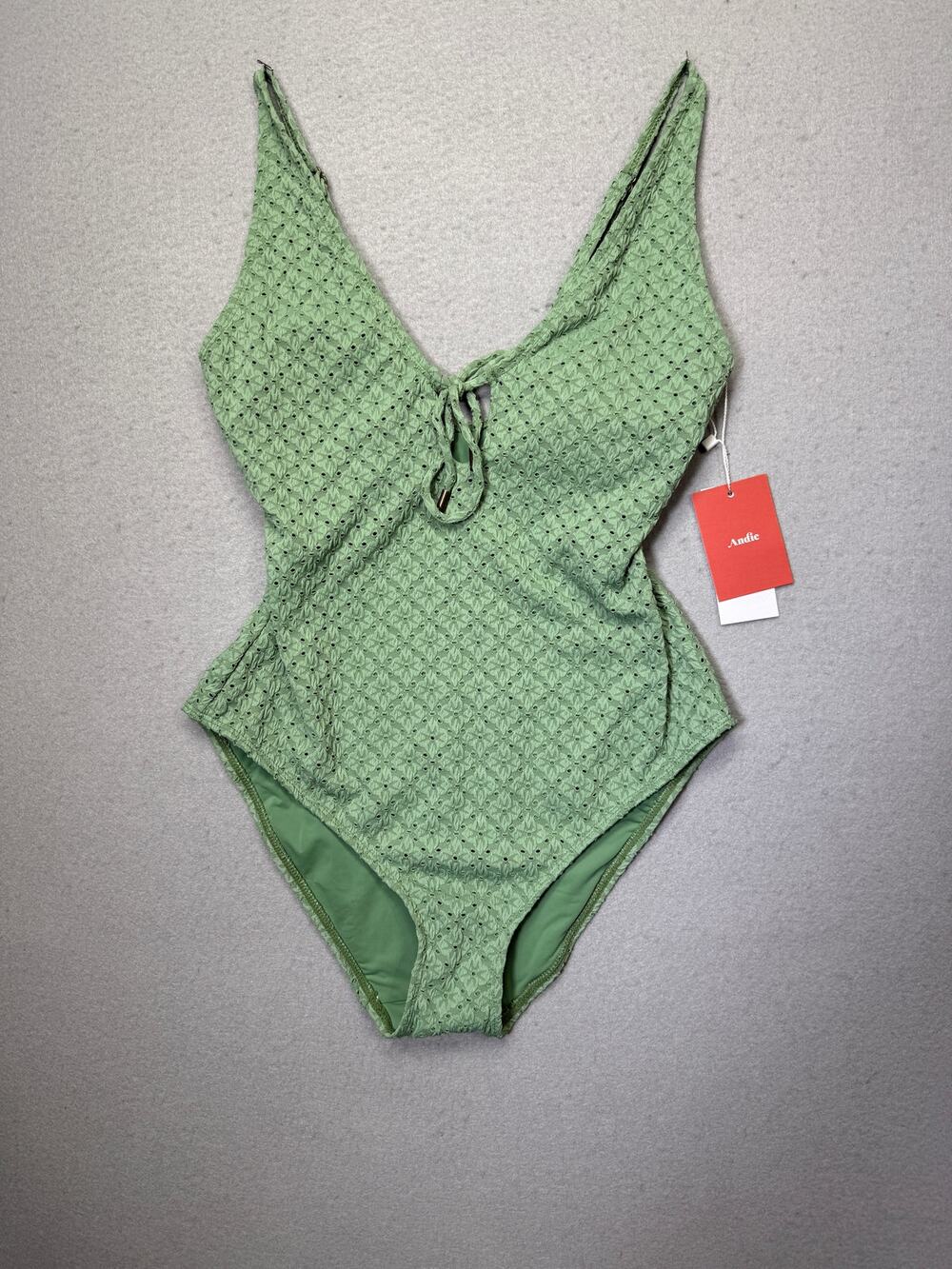 Andie Women's Sicily Tie-Neck Pointelle Swimsuit Eucalyptus Small $134